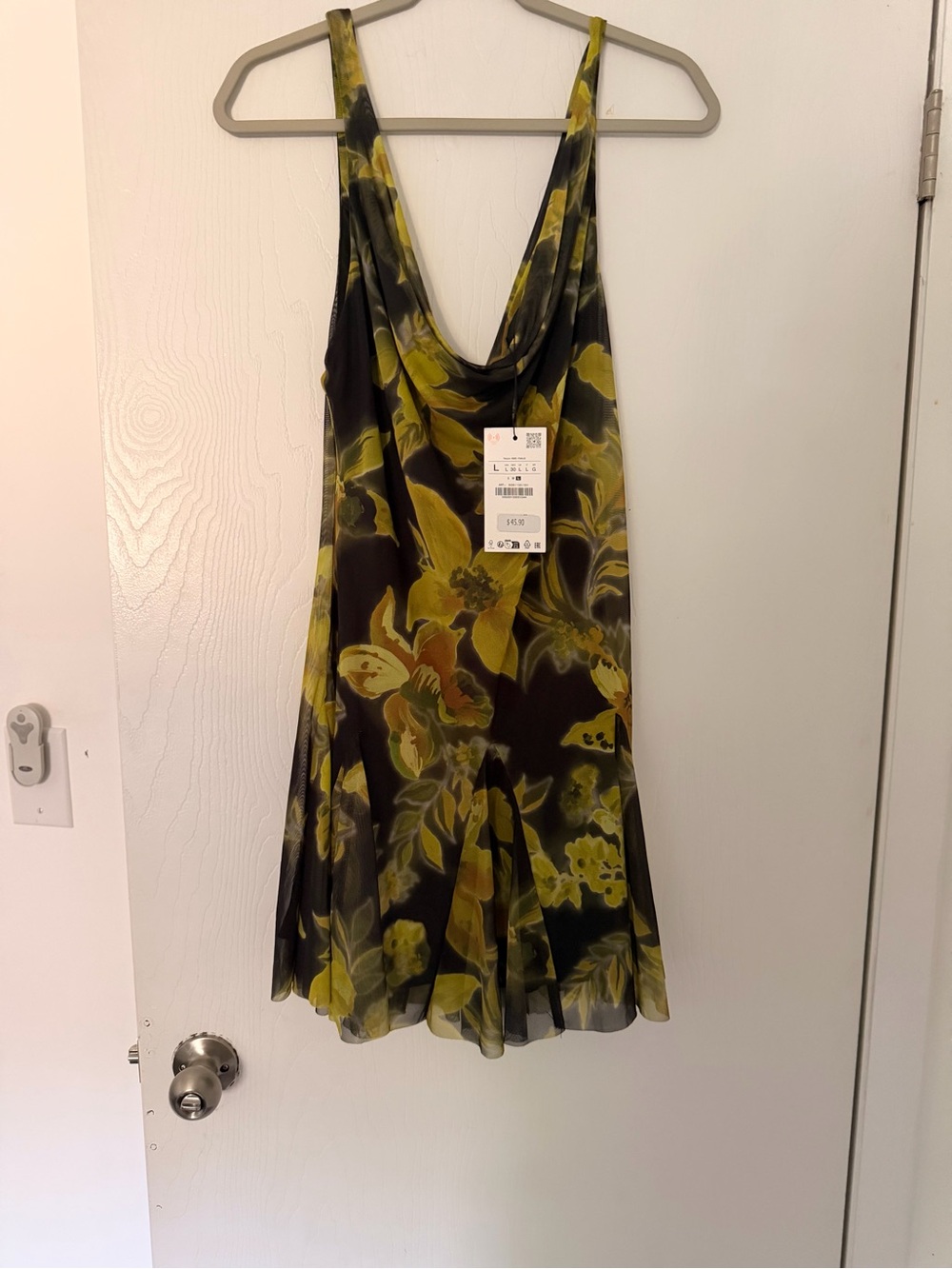 Zara Olive and Black Floral Cowl Neck Mini Dress